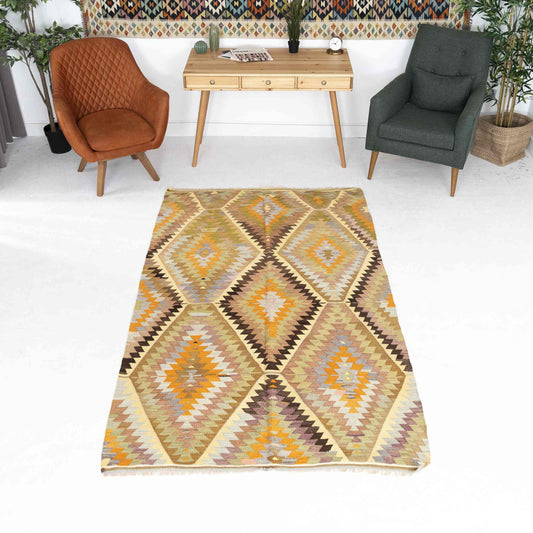 Oriental Kilim Anatolian Handmade Wool On Wool 142 X 255 Cm - 4' 8'' X 8' 5'' Yellow C006 ER12
