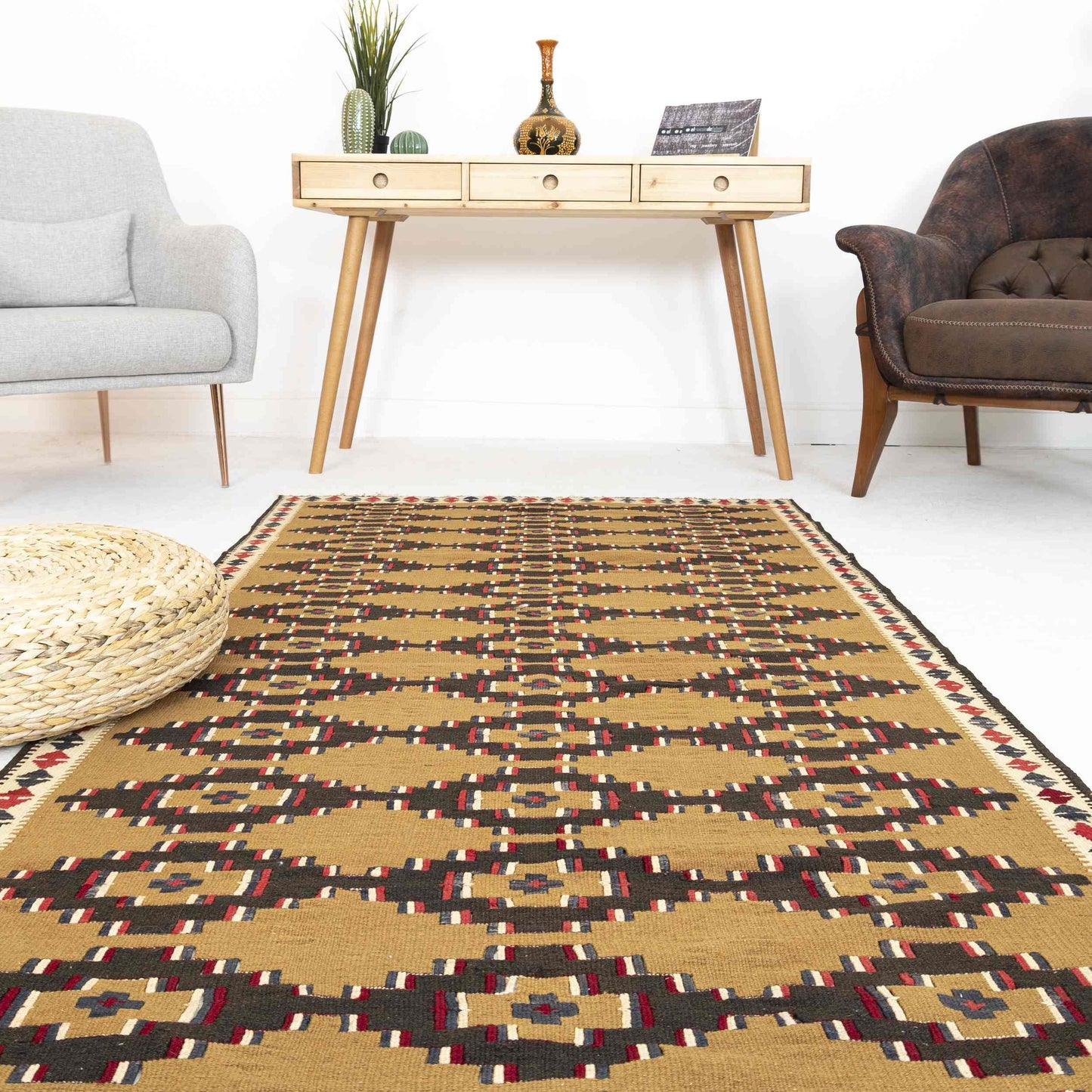 Oriental Kilim Anatolian Handmade Wool On Wool 112 x 240 Cm - 3' 9'' x 7' 11'' Brown C005 ER01