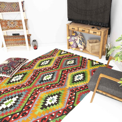 Oriental Kilim Anatolian Handmade Wool On Wool 194 x 288 Cm - 6' 5'' x 9' 6'' Green C001 ER23