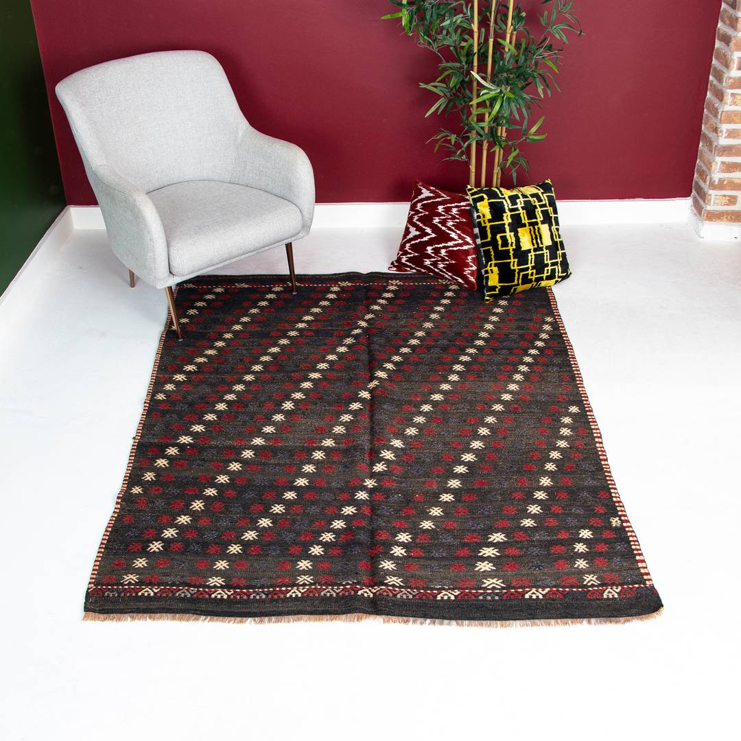 Oriental Kilim Cicim Handmade Wool On Wool 152 X 197 Cm - 5' X 6' 6'' Black C002 ER12