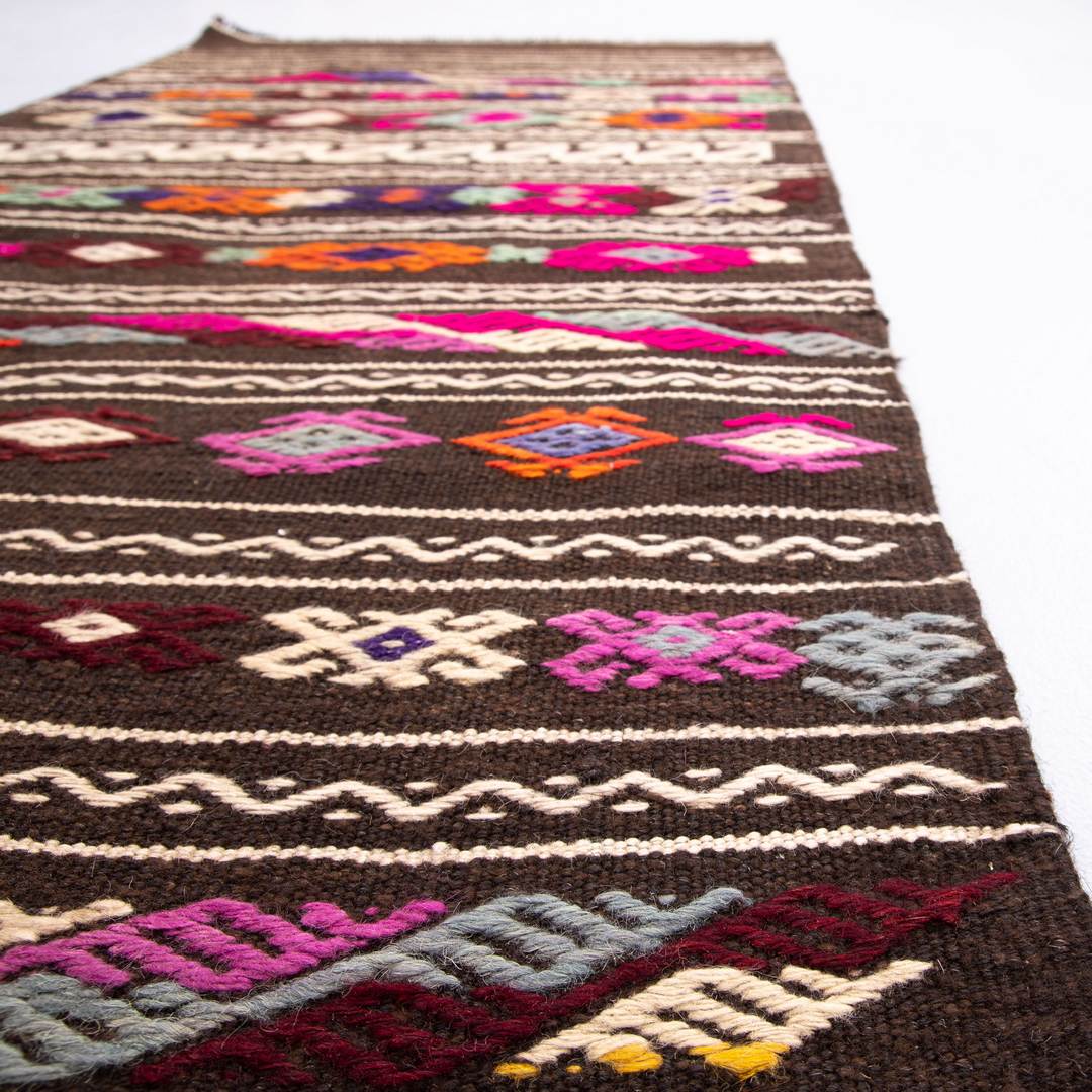 Oriental Kilim Cicim Handmade Wool On Wool 68 X 157 Cm - 2' 3'' X 5' 2'' Black C002 ER01