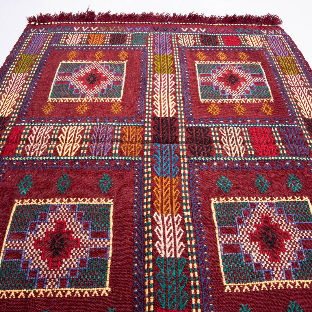 Oriental Kilim Cicim Handmade Wool On Wool 90 X 110 Cm - 3' X 3' 8'' Burgundy C021 ER01