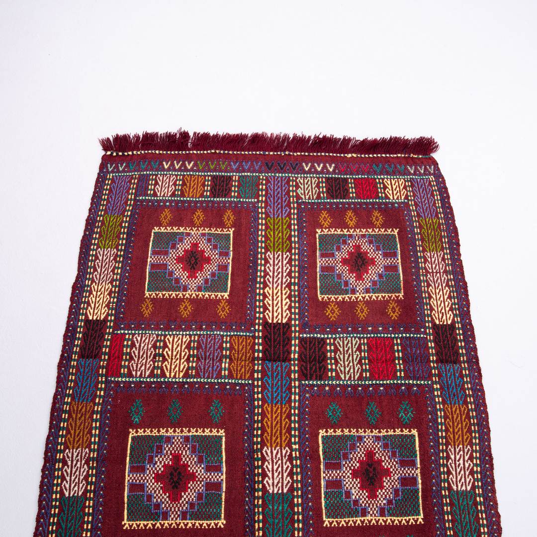 Oriental Kilim Cicim Handmade Wool On Wool 90 X 110 Cm - 3' X 3' 8'' Burgundy C021 ER01