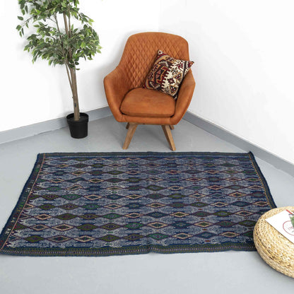 Kilim oriental cicim hecho a mano de lana sobre lana 128 x 195 cm - 4' 3'' X 6' 5'' Azul marino C012 ER01