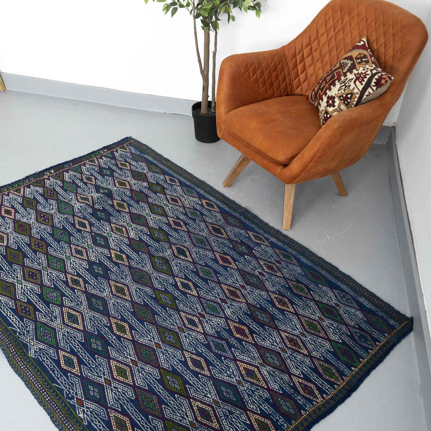 Kilim oriental cicim hecho a mano de lana sobre lana 128 x 195 cm - 4' 3'' X 6' 5'' Azul marino C012 ER01