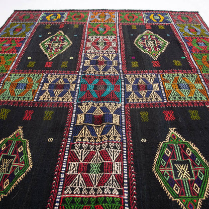 Oriental Kilim Cicim Handmade Wool On Wool 133 X 177 Cm - 4' 5'' X 5' 10'' Black C002 ER01