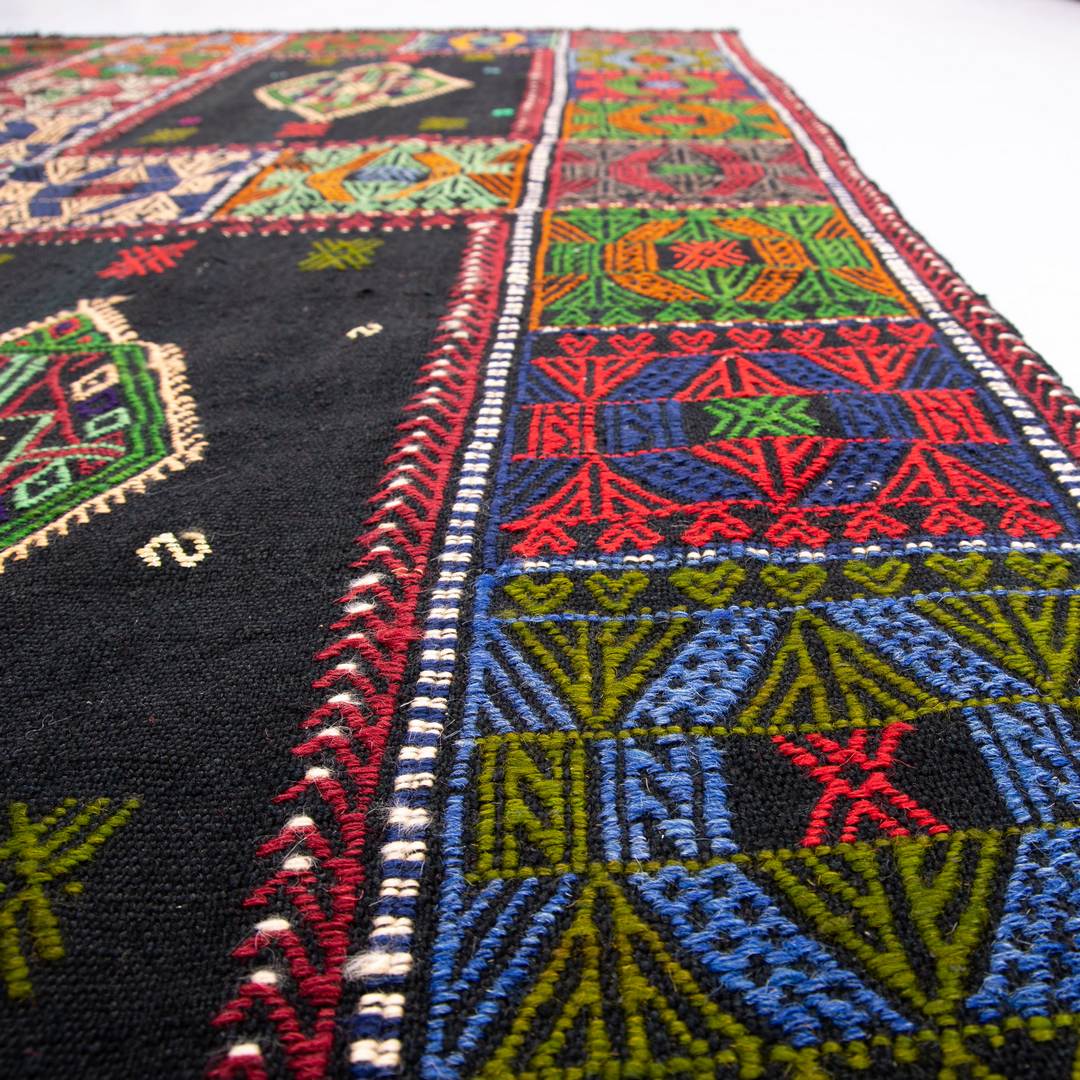 Oriental Kilim Cicim Handmade Wool On Wool 133 X 177 Cm - 4' 5'' X 5' 10'' Black C002 ER01