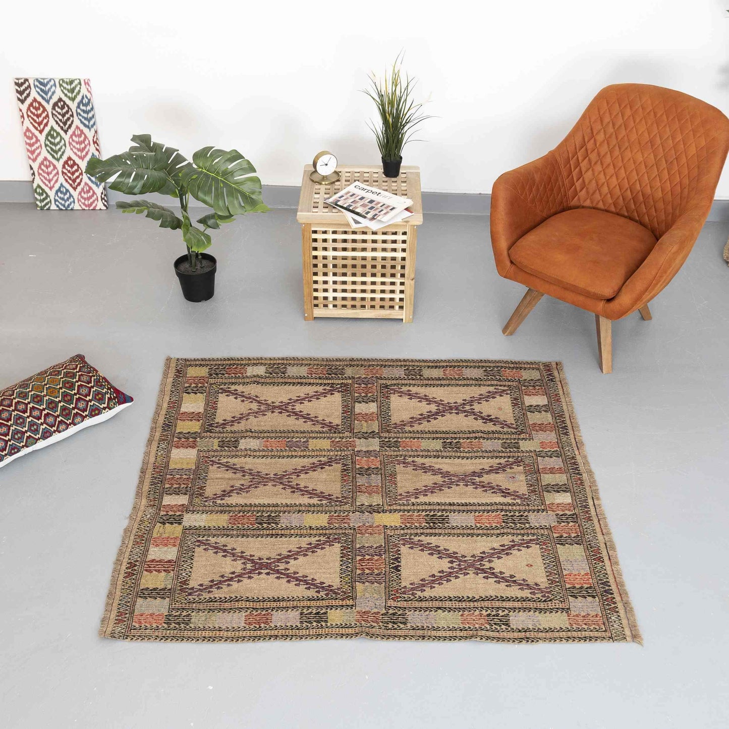 Oriental Kilim Cicim Handmade Wool On Wool 136 X 155 Cm - 4' 6'' X 5' 2'' Sand C007 ER01