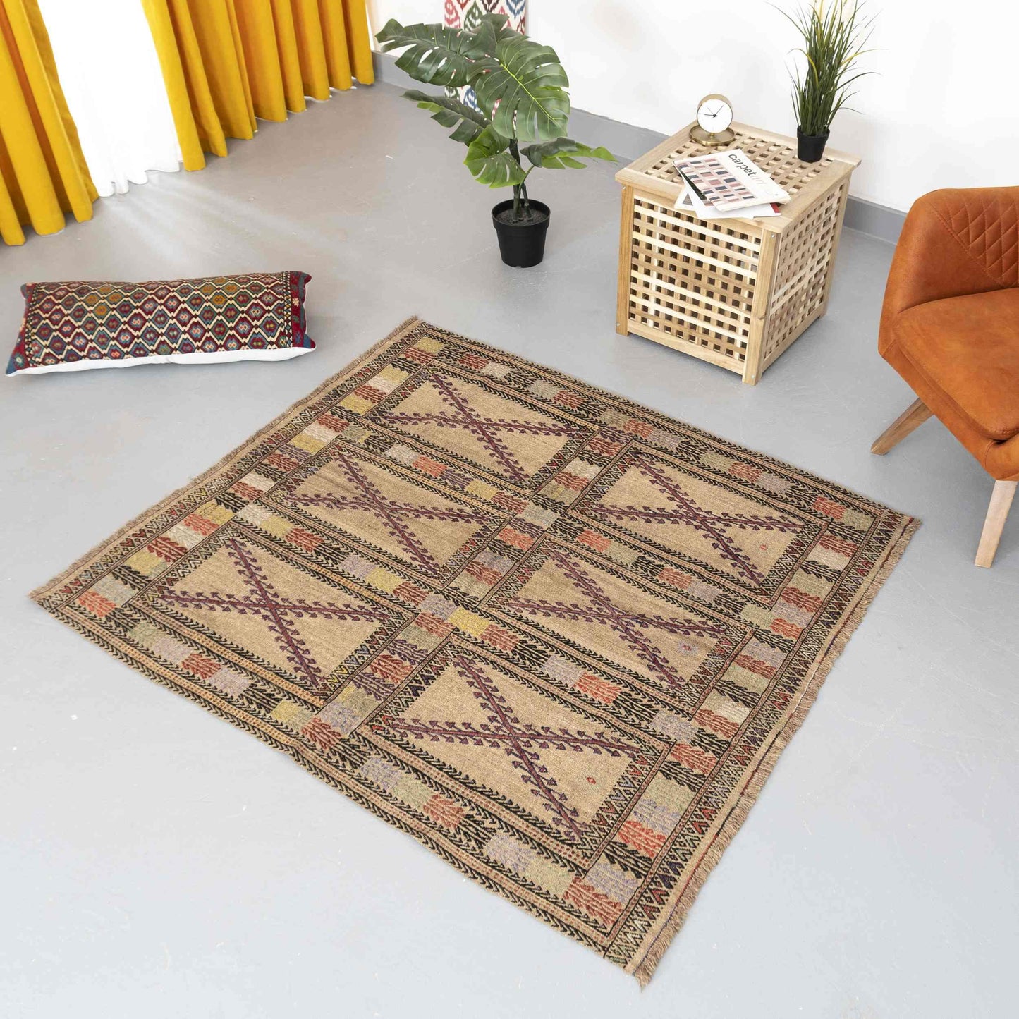 Oriental Kilim Cicim Handmade Wool On Wool 136 X 155 Cm - 4' 6'' X 5' 2'' Sand C007 ER01