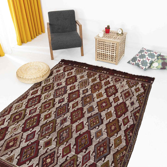 Oriental Kilim Cicim Handmade Wool On Wool 184 X 240 Cm - 6' 1'' X 7' 11'' Burgundy C021 ER12