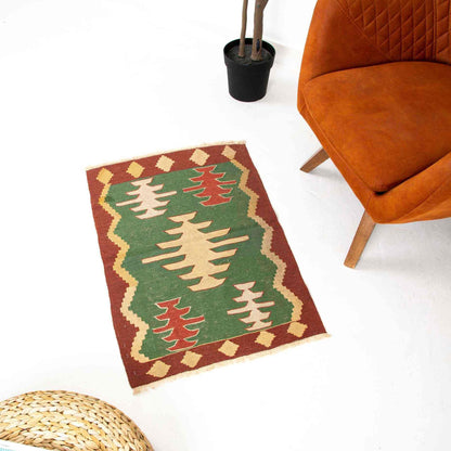 Oriental Kilim Denizli Handmade Wool On Wool 58 x 87 Cm - 1' 11'' x 2' 11''  Green C001 ER01