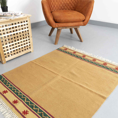 Oriental Kilim Denizli Handmade Wool On Wool 95 x 115 Cm - 3' 2'' x 3' 10'' Sand C007 ER01