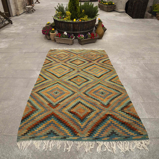 Oriental Kilim Fethiye Handmade Wool On Wool 176 x 265 Cm - 5' 10'' x 8' 9'' Green C015 ER12