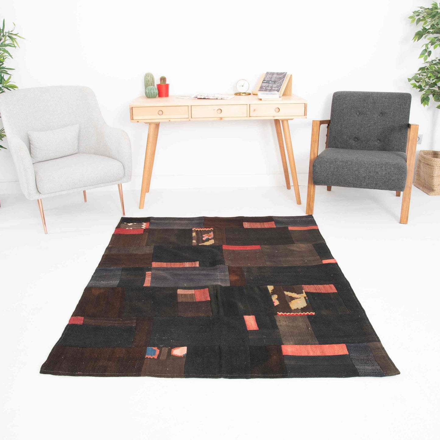 Oriental Kilim Patchwork Handmade Wool On Wool 130 x 170 Cm - 4' 4'' x 5' 7'' Black C002 ER01