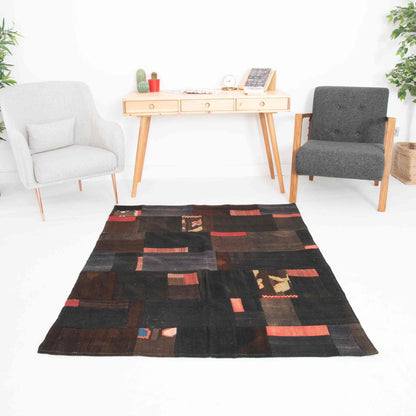 Oriental Kilim Patchwork Handmade Wool On Wool 130 x 170 Cm - 4' 4'' x 5' 7'' Black C002 ER01