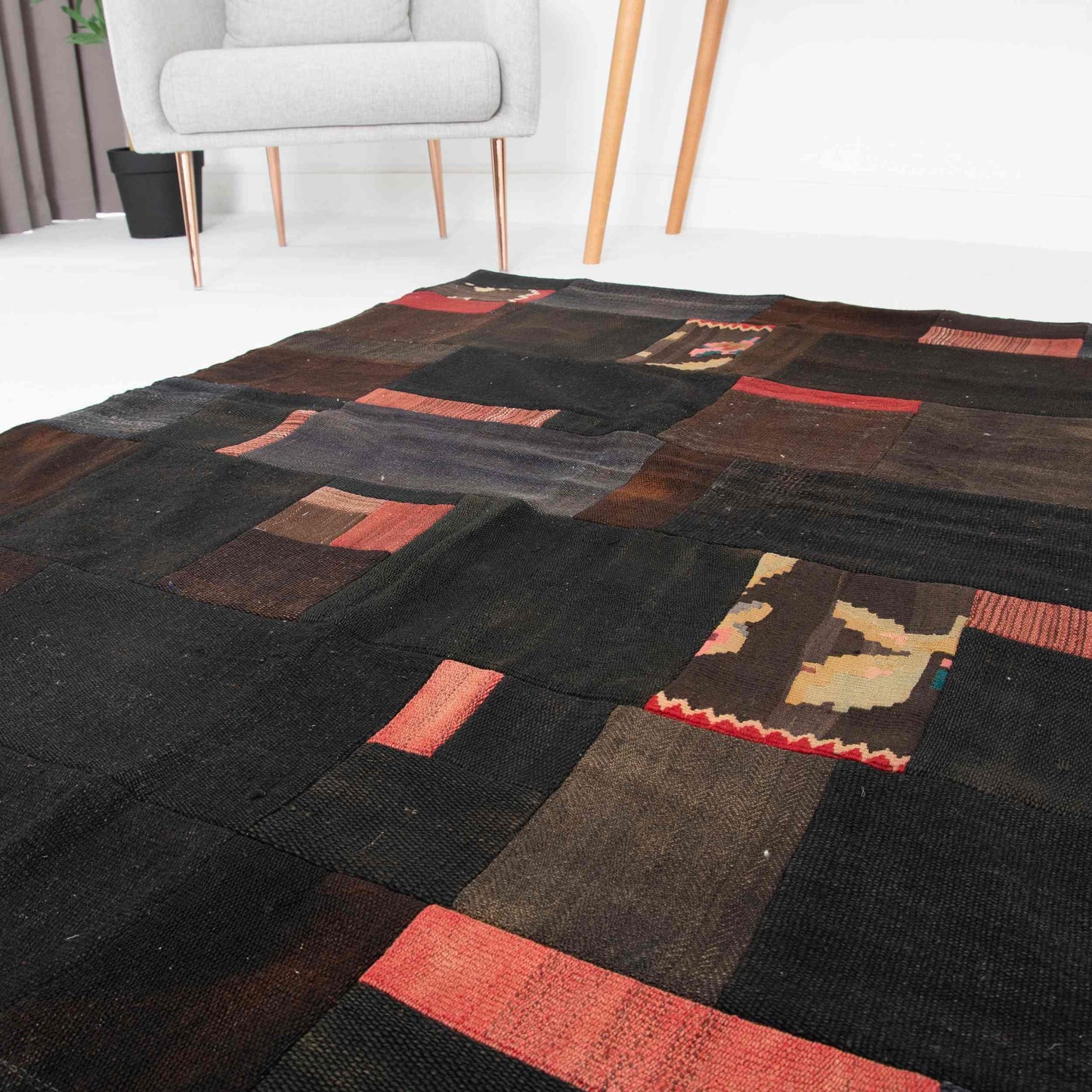 Oriental Kilim Patchwork Handmade Wool On Wool 130 x 170 Cm - 4' 4'' x 5' 7'' Black C002 ER01