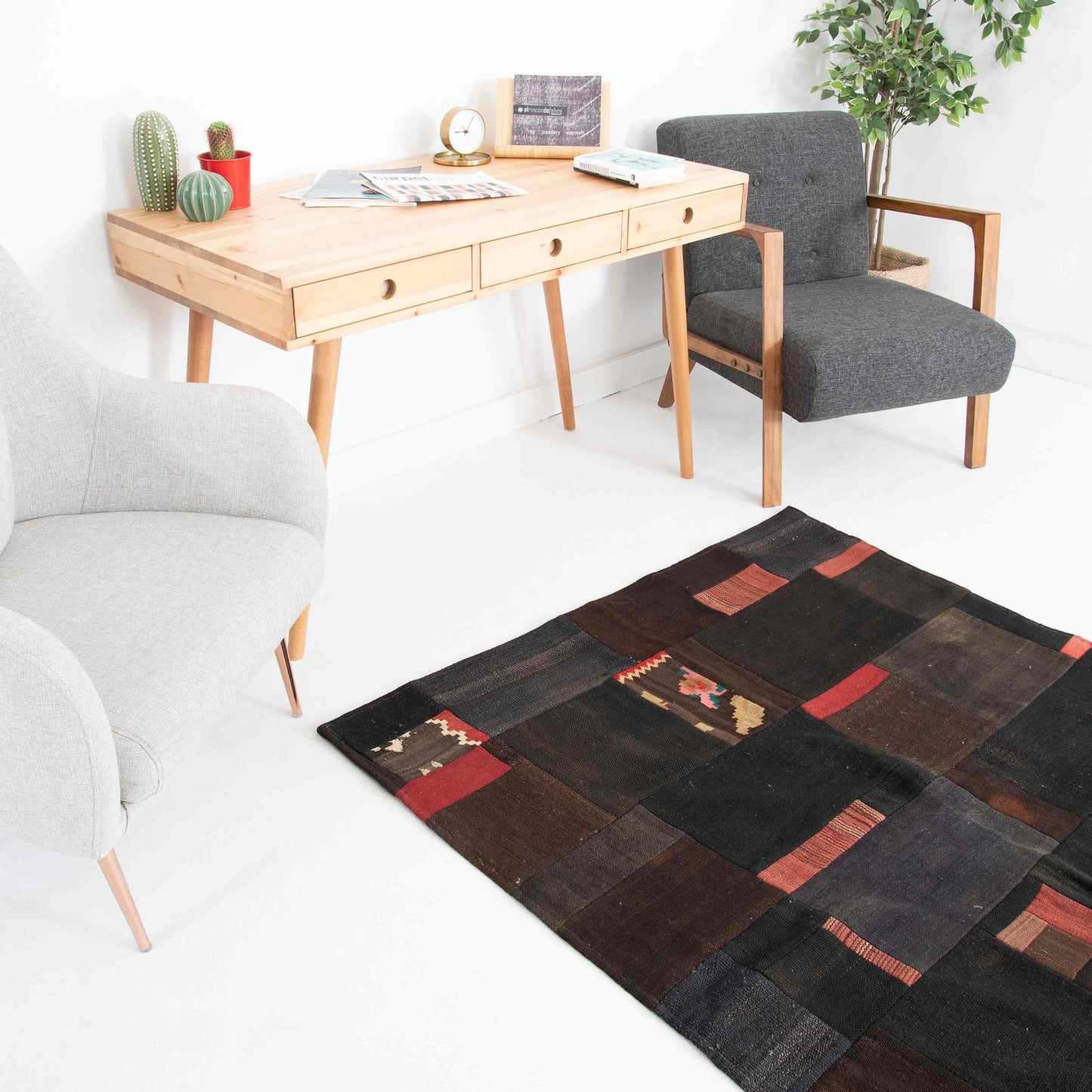 Oriental Kilim Patchwork Handmade Wool On Wool 130 x 170 Cm - 4' 4'' x 5' 7'' Black C002 ER01