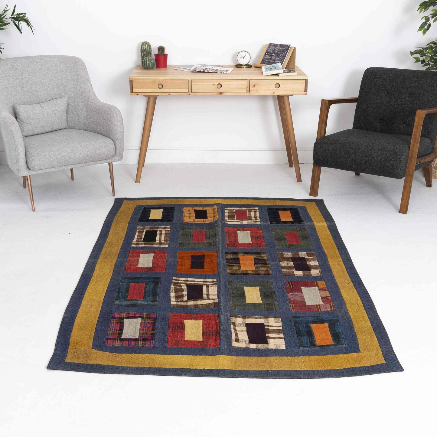 Oriental Kilim Patchwork Handmade Wool On Wool 141 x 215 Cm - 4' 8'' x 7' 1'' Navy Blue C012 ER12