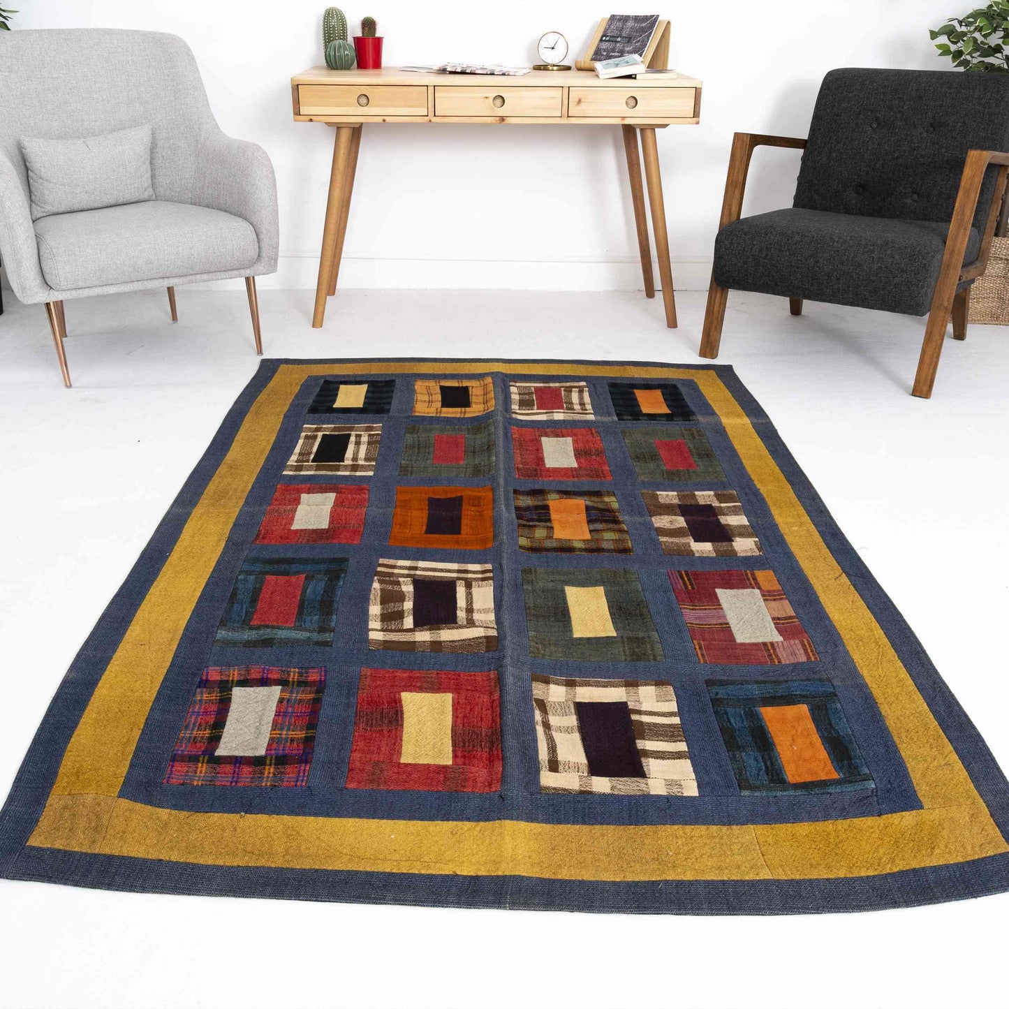 Oriental Kilim Patchwork Handmade Wool On Wool 141 x 215 Cm - 4' 8'' x 7' 1'' Navy Blue C012 ER12