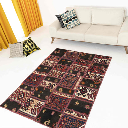 Oriental Kilim Patchwork Handmade Wool On Wool 150 x 200 Cm - 5' x 6' 7'' Black C002 ER12