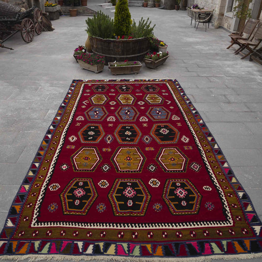 Oriental Kilim Sarkshla Handmade Wool On Wool 225 x 346 Cm - 7' 5'' x 11' 5'' Red C014 ER23