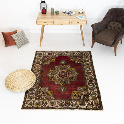 Oriental Rug Anatolian Hand Knotted Wool On Cotton 139 X 180 Cm - 4' 7'' X 5' 11'' Red C014 ER01