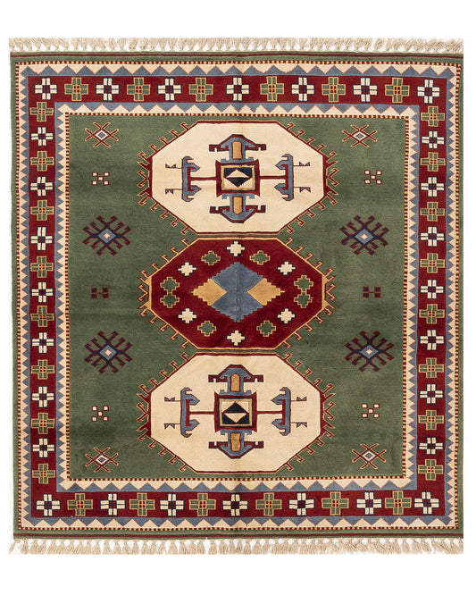 Oriental Rug Anatolian Hand Knotted Wool On Wool 204 X 217 Cm - 6' 9'' X 7' 2'' Green C003 ER12