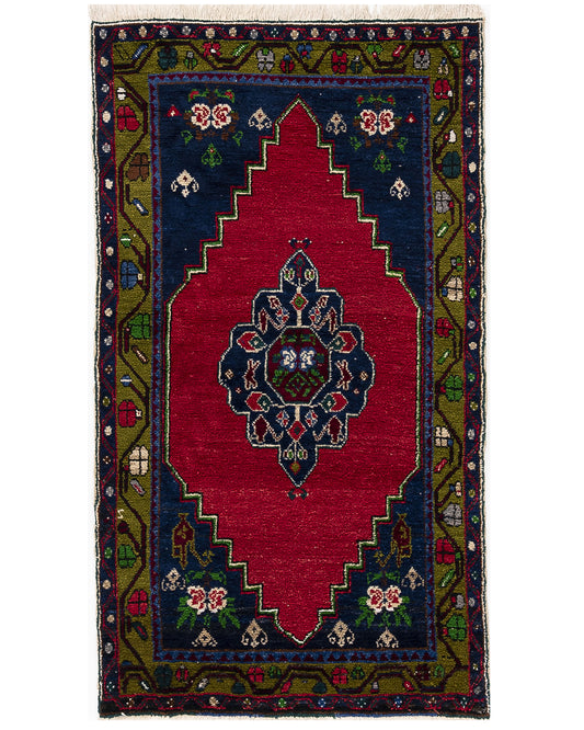 Oriental Rug Anatolian Handmade Wool On Cotton 109 X 186 Cm - 3' 7'' X 6' 2'' Navy Blue C012 ER01