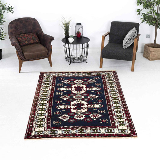 Oriental Rug Anatolian Handwoven Wool On Wool 144 x 206 Cm - 4' 9'' x 6' 10'' Navy Blue C012 ER12