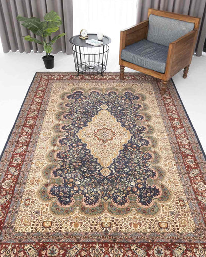 Oriental Rug Hereke Hand Knotted Wool On Cotton 200 X 297 Cm - 6' 7'' X 9' 9'' Navy Blue C012 ER23