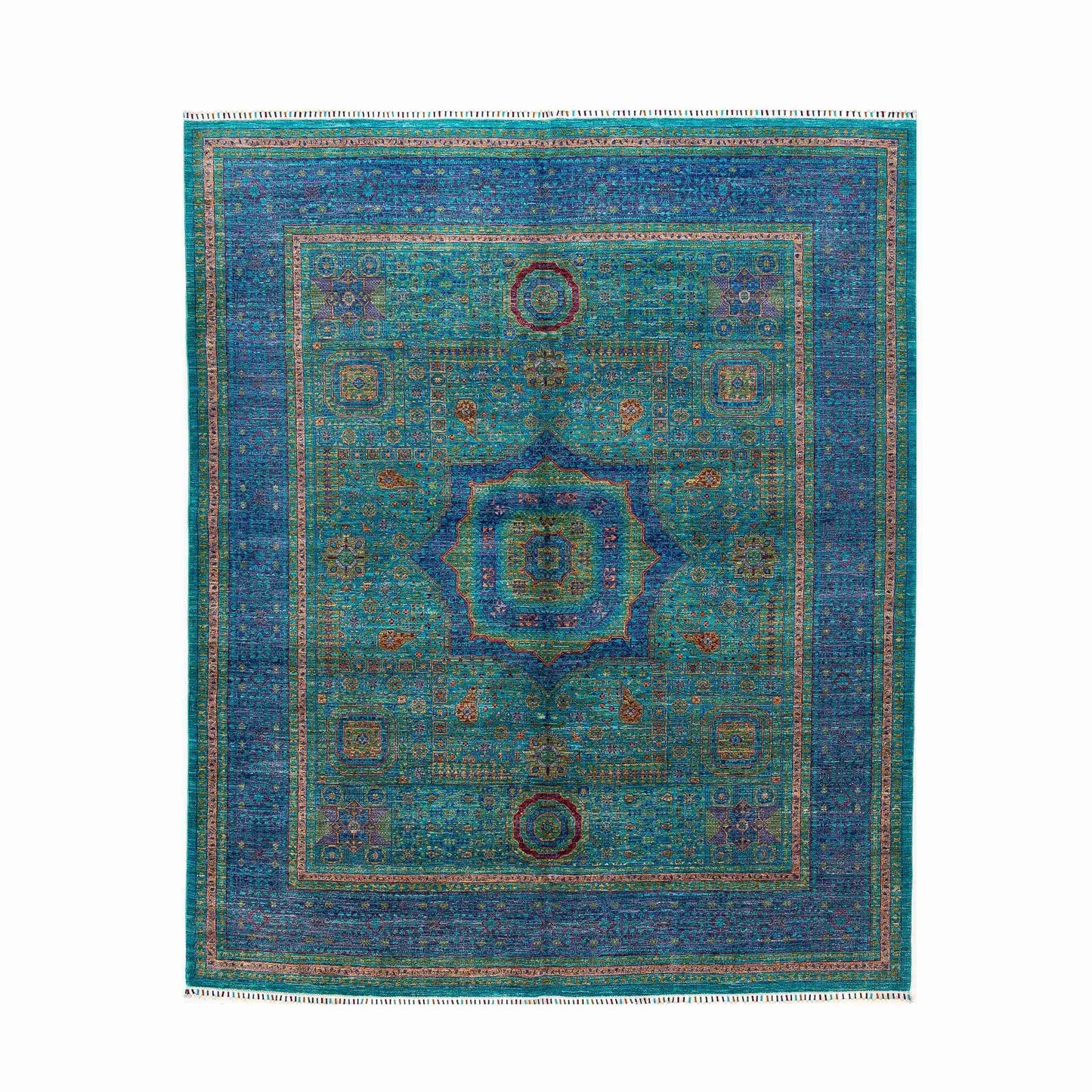 Oriental Rug Mamluk Hand Knotted Wool On Cotton 252 X 301 Cm - 8' 3'' X 9' 11" Green C003