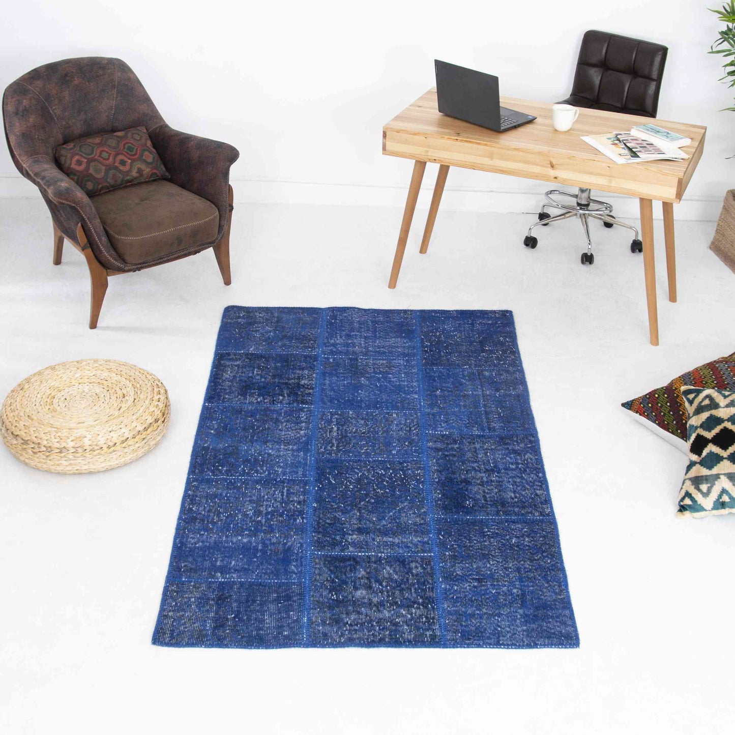 Oriental Rug Patchwork Hand Knotted Wool On Cotton 120 x 200 Cm - 4' x 6' 7'' Navy Blue C012 ER01