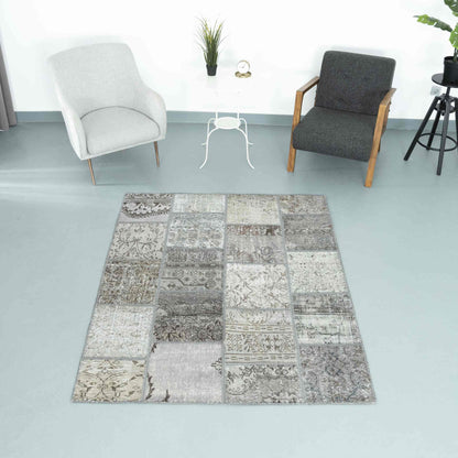 Oriental Rug Patchwork Hand Knotted Wool On Cotton 150 x 196 Cm - 5' x 6' 6'' Grey C008 ER12