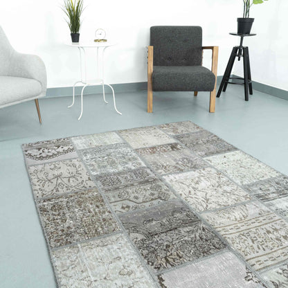 Oriental Rug Patchwork Hand Knotted Wool On Cotton 150 x 196 Cm - 5' x 6' 6'' Grey C008 ER12