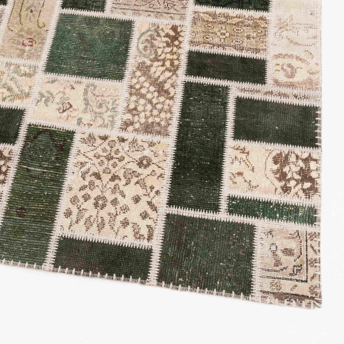 Oriental Rug Patchwork Hand Knotted Wool On Cotton 197 x 298 Cm - 6' 6'' x 9' 10'' Green C001 ER23