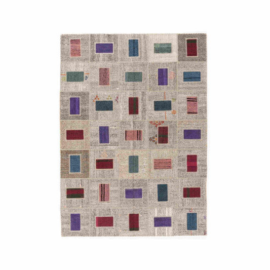 Oriental Rug Patchwork Hand Knotted Wool On Cotton 200 x 277 Cm - 6' 7'' x 9' 2'' Grey C008 ER12