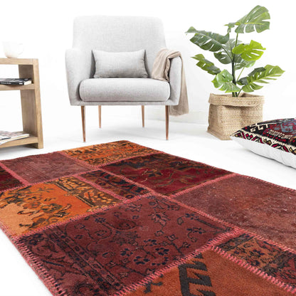 Oriental Rug Patchwork Hand Knotted Wool On Wool 101 x 170 Cm - 3' 4'' x 5' 7'' Burgundy C021 ER01