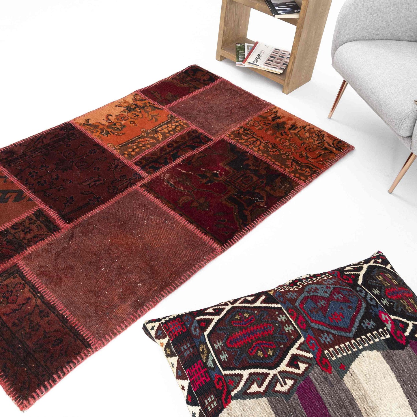 Oriental Rug Patchwork Hand Knotted Wool On Wool 101 x 170 Cm - 3' 4'' x 5' 7'' Burgundy C021 ER01