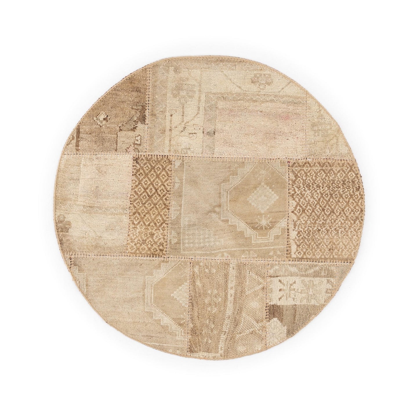 Oriental Round Rug Patchwork Hand Knotted Wool On Wool 114 x 116 Cm – 3' 9'' x 3' 10'' Sand C007 ER01