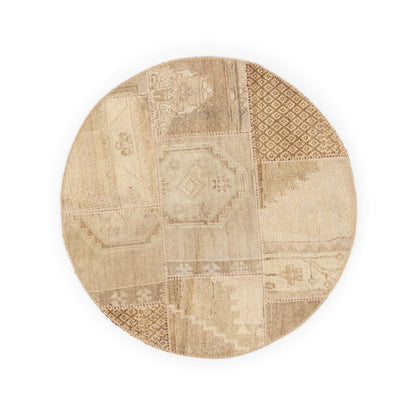 Oriental Round Rug Patchwork Hand Knotted Wool On Wool 114 x 117 Cm – 3' 9'' x 3' 11'' Sand C007 ER01