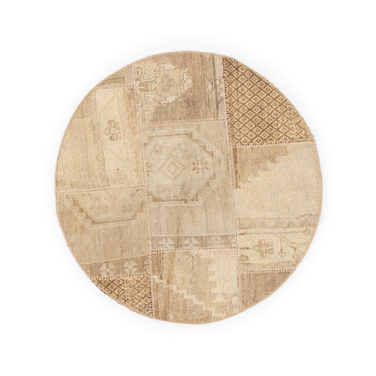 Oriental Round Rug Patchwork Hand Knotted Wool On Wool 114 x 117 Cm – 3' 9'' x 3' 11'' Sand C007 ER01