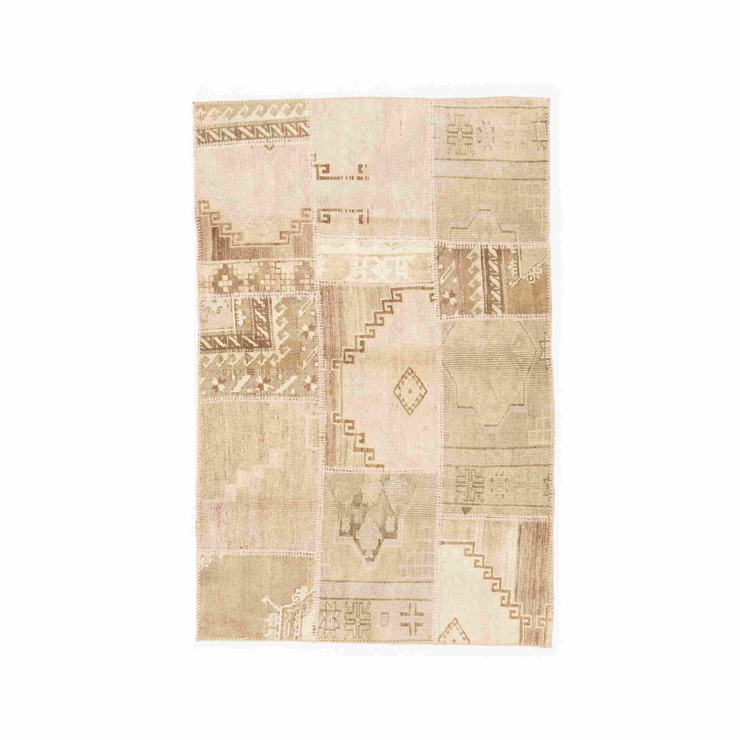 Oriental Rug Patchwork Hand Knotted Wool On Wool 116 x 180 Cm - 3' 10'' x 5' 11'' Sand C007 ER01