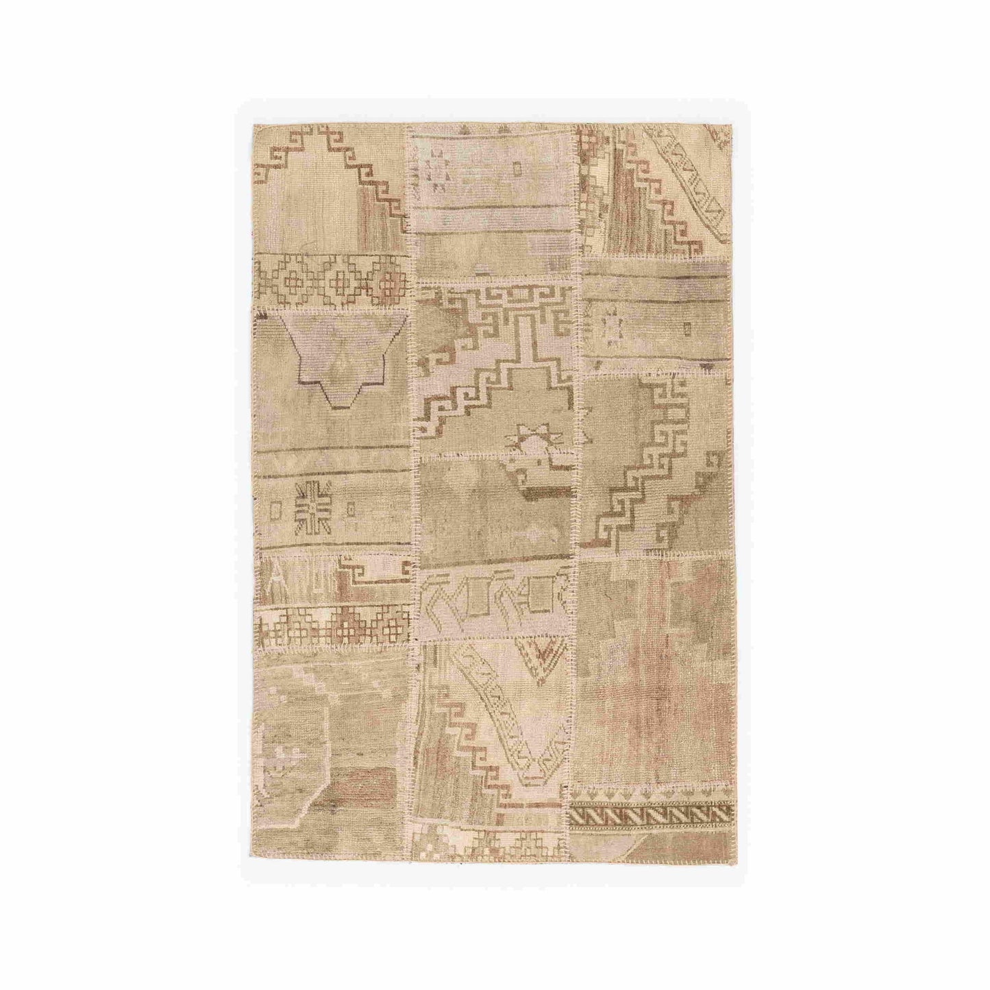 Oriental Rug Patchwork Hand Knotted Wool On Wool 117 x 173 Cm - 3' 11'' x 5' 9'' Sand C007 ER01