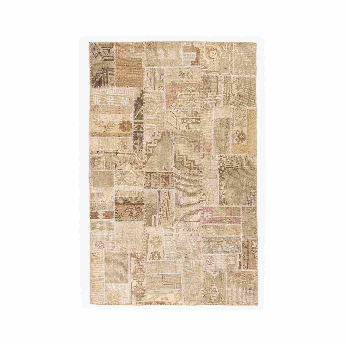 Oriental Rug Patchwork Hand Knotted Wool On Wool 118 x 187 Cm - 3' 11'' x 6' 2'' Stone C009 ER01