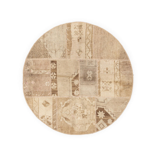 Oriental Round Rug Patchwork Hand Knotted Wool On Wool 120 x 124 Cm – 4' x 4' 1'' Sand C007 ER01