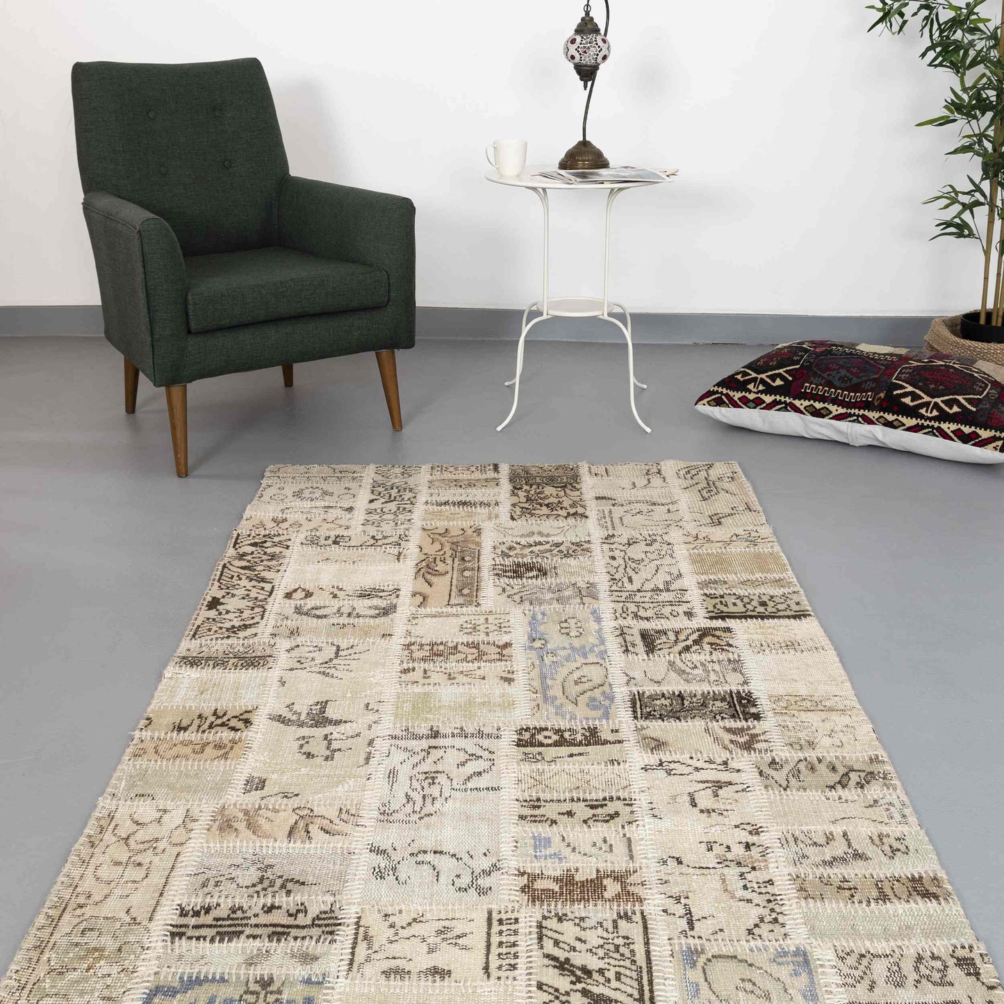 Oriental Rug Patchwork Hand Knotted Wool On Wool 120 x 200 Cm - 4' x 6' 7'' Sand C007 ER01