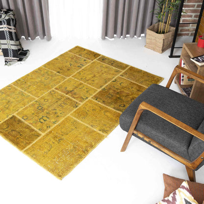 Oriental Rug Patchwork Hand Knotted Wool On Wool 146 x 192 Cm - 4' 10'' x 6' 4'' Yellow C006 ER12