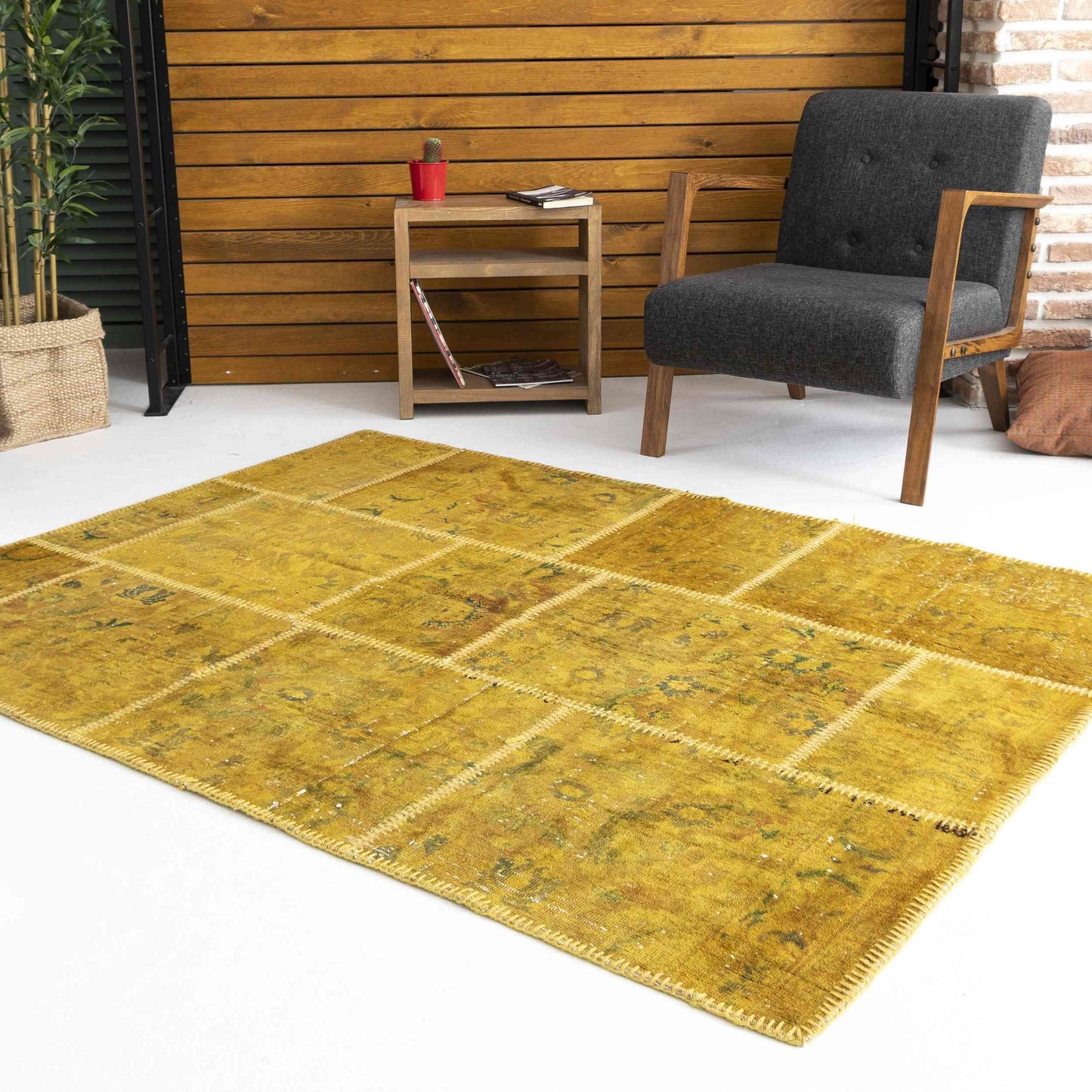 Oriental Rug Patchwork Hand Knotted Wool On Wool 146 x 192 Cm - 4' 10'' x 6' 4'' Yellow C006 ER12