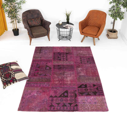 Oriental Rug Patchwork Hand Knotted Wool On Wool 167 x 238 Cm - 5' 6'' x 7' 10'' Fuchsia C020 ER12