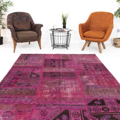 Oriental Rug Patchwork Hand Knotted Wool On Wool 167 x 238 Cm - 5' 6'' x 7' 10'' Fuchsia C020 ER12